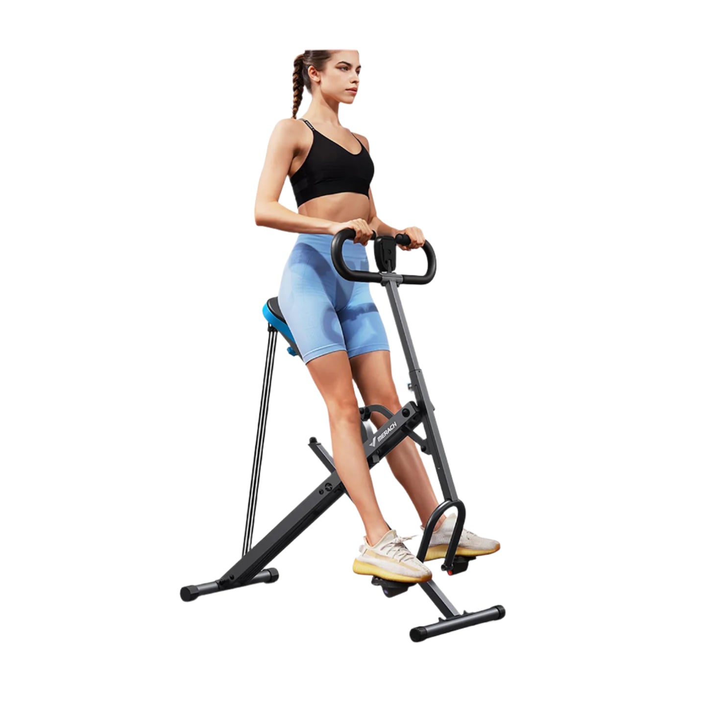 Woman exercising on a Merach fitness bike with promotional text and graphics.